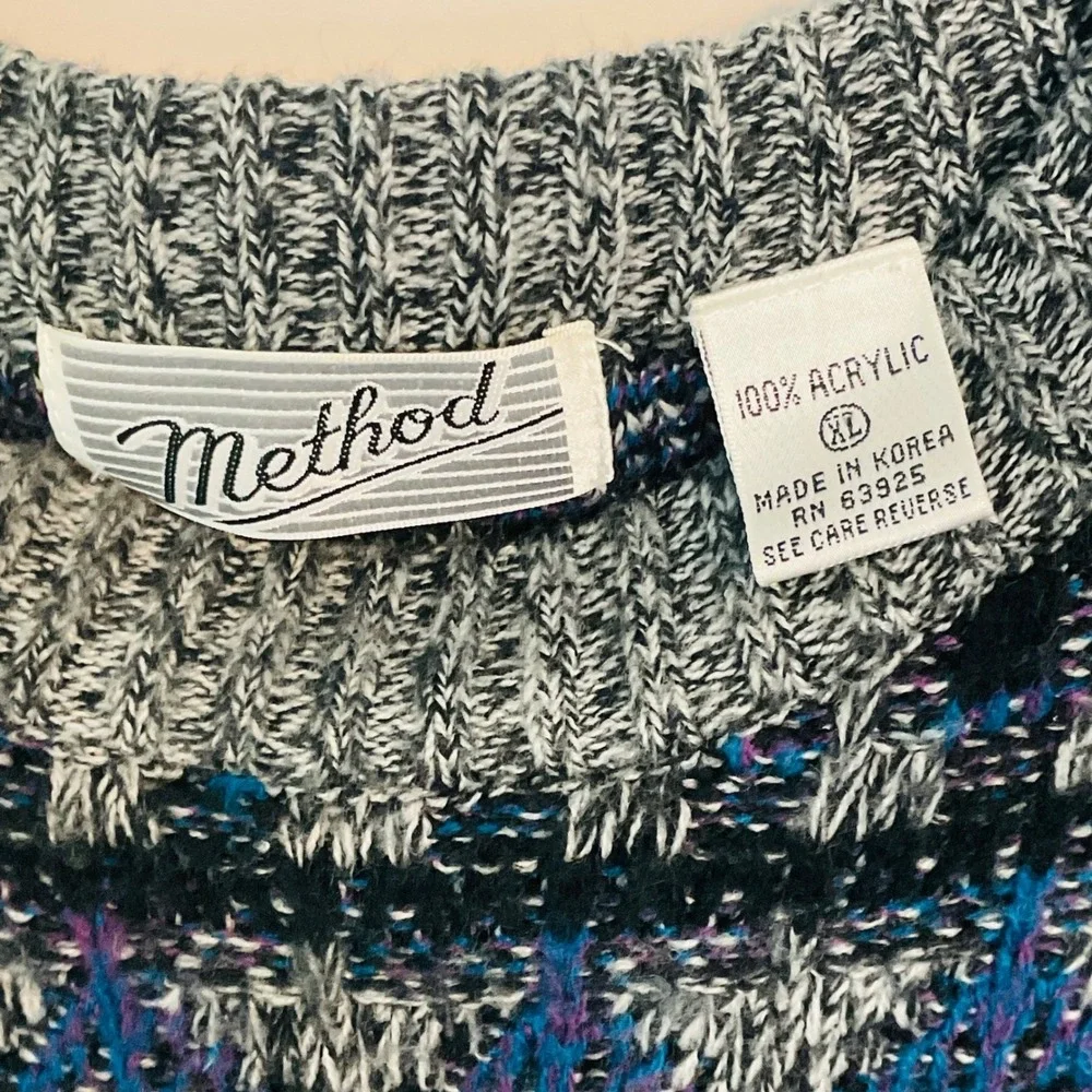 METHOD men's Vtg. sweater 90s retro‎ gray blue black crew neck geometric grandpa